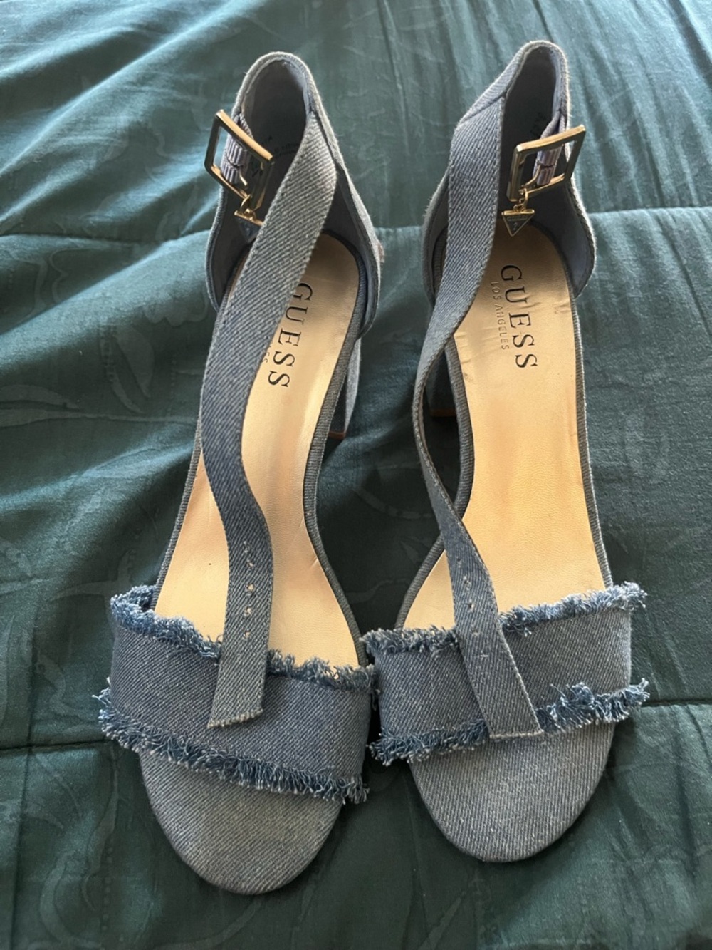 GUESS Denim Frayed Strap Heeled Sandals - Blue